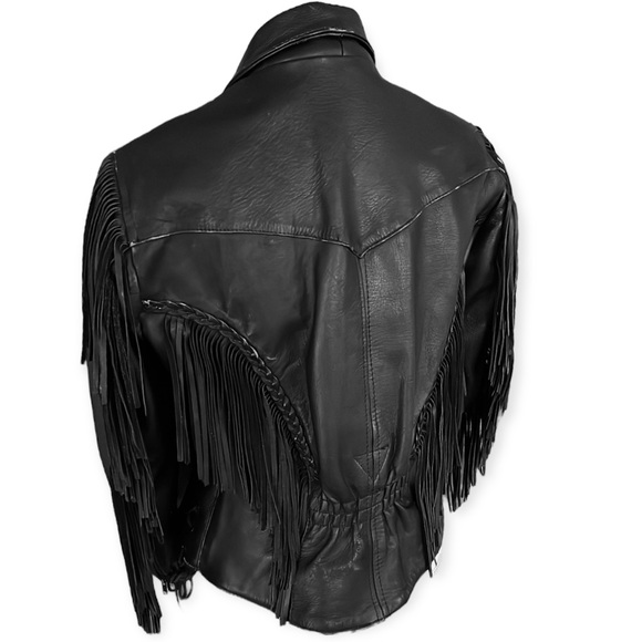 Leather Jacket w/ Hand Painted Cat Black Fringe Motorcycle Western Vintage Small - Picture 3 of 16